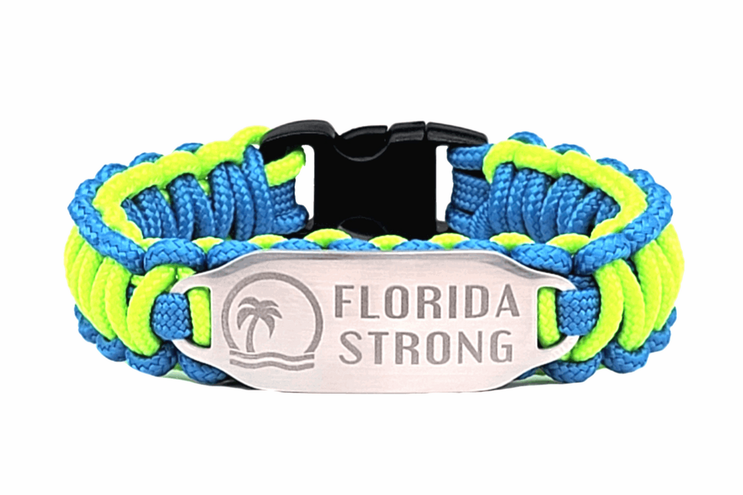 Lime Green & Blue thin 275 paracord ID bracelet with a silver, stainless steel ID tag engraved with Florida Strong and a palm tree symbol, displayed on a white background.