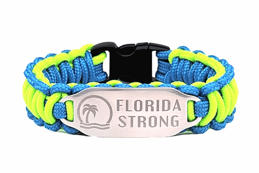 Lime Green & Blue thin 275 paracord ID bracelet with a silver, stainless steel ID tag engraved with Florida Strong and a palm tree symbol, displayed on a white background.