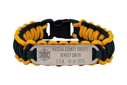 Hunter green & Goldenrod thin 275 paracord ID bracelet with a silver, stainless steel ID tag engraved sheriff department, name, and End of watch date with a sheriff star symbol, displayed on a white background.