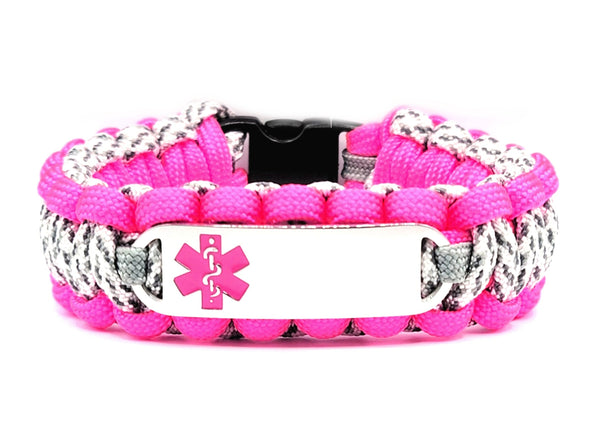 550 Paracord Bracelet with Engraved Stainless Steel Medical Alert ID Tag - Pink Small Rectangle