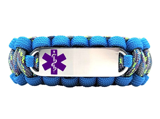 Blue, grey, and purple paracord medical alert bracelet with a silver colored, stainless steel ID tag with an enameled purple medical symbol, displayed on a white background.