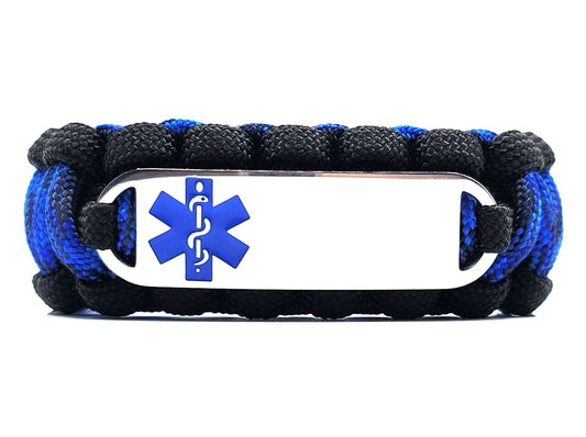 Black and blue paracord medical alert bracelet with a silver colored, stainless steel ID tag with an enameled blue medical symbol, displayed on a white background.