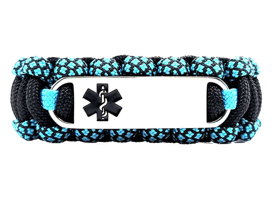 Black and turquoise paracord medical alert bracelet with a silver colored, stainless steel ID tag with an enameled black medical symbol, displayed on a white background.
