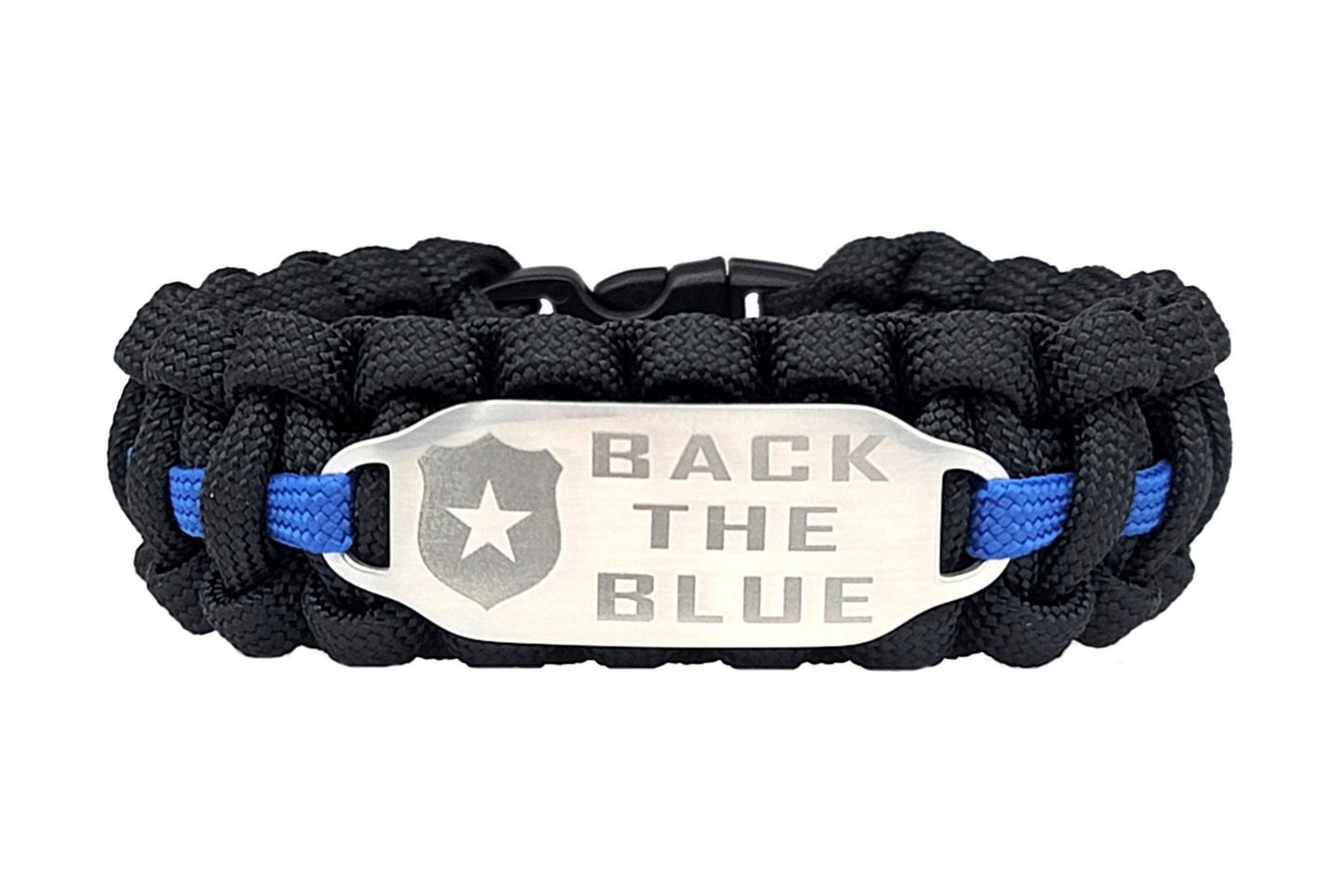 A black and blue paracord ID bracelet with a silver, stainless steel ID tag engraved with BACK THE BLUE and a police badge, displayed on solid white background.