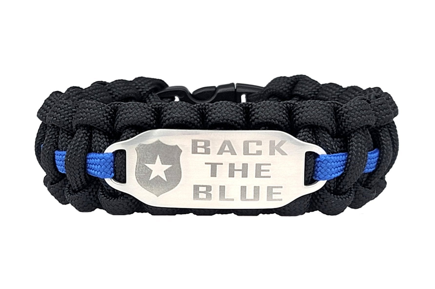 A black and blue paracord ID bracelet with a silver, stainless steel ID tag engraved with BACK THE BLUE and a police badge, displayed on solid white background.