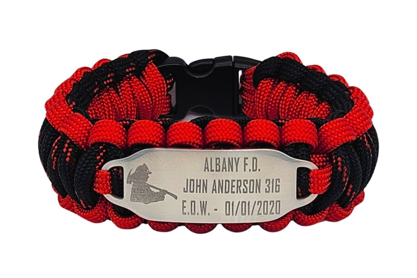 Red & Black paracord ID bracelet with a silver, stainless steel ID tag engraved with a fire department name and a fire fighter silhouette, displayed on an all white background.