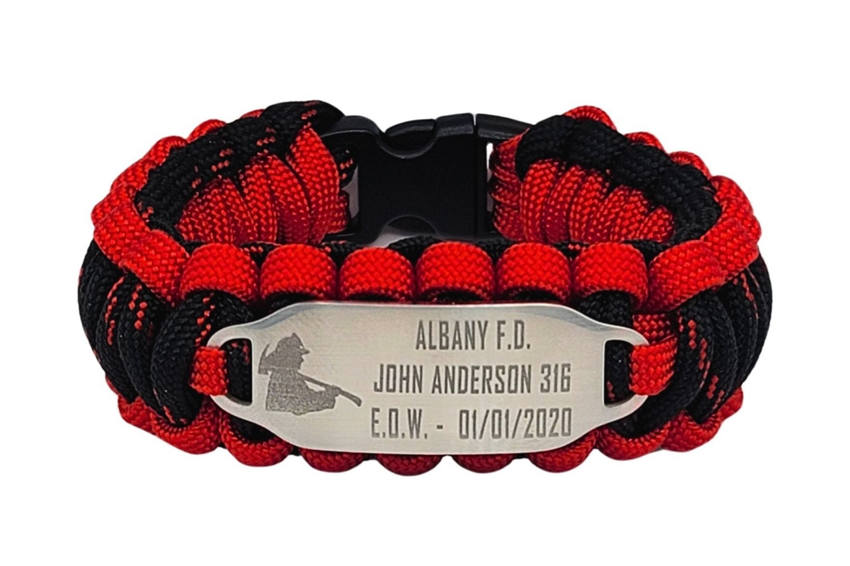 Red & Black paracord ID bracelet with a silver, stainless steel ID tag engraved with a fire department name and a fire fighter silhouette, displayed on an all white background.