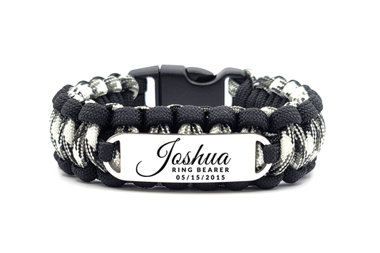 Ring Bearer 550 Paracord Bracelet with Custom Engraved Stainless Steel ID Tag