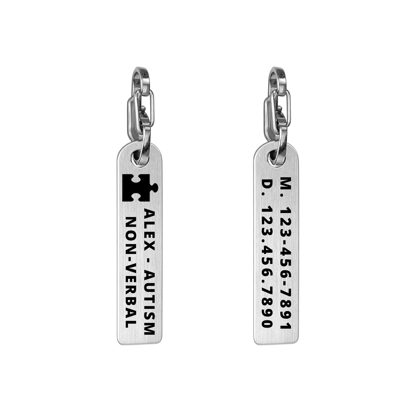 Custom Engraved Stainless Steel Zipper Pull – Medical Alert & Autism ID Tag