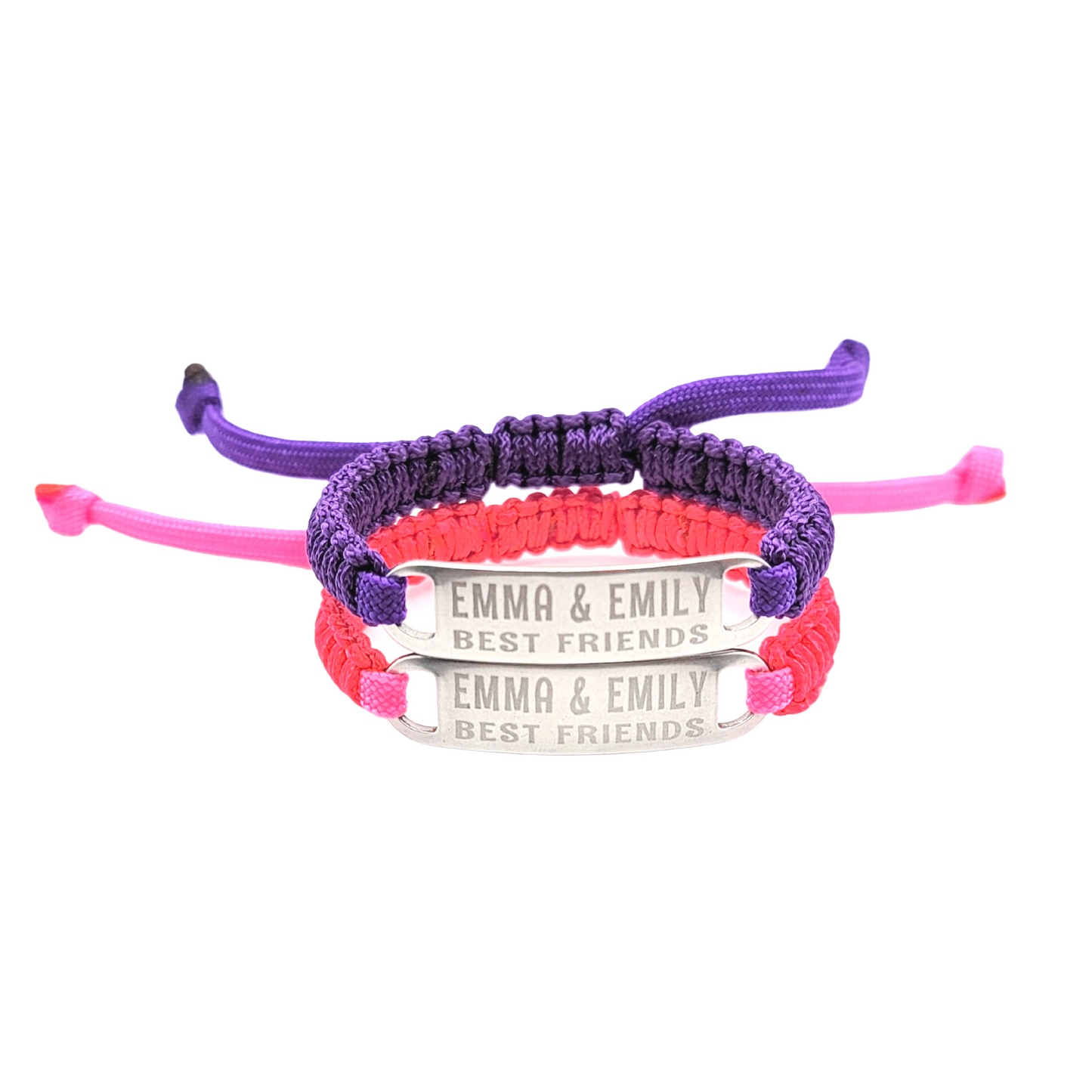 Two best friends bracelets, one purple and one pink, stacked together with Emma & Emily Best Friends engraved on the tags. Displayed on a white background.