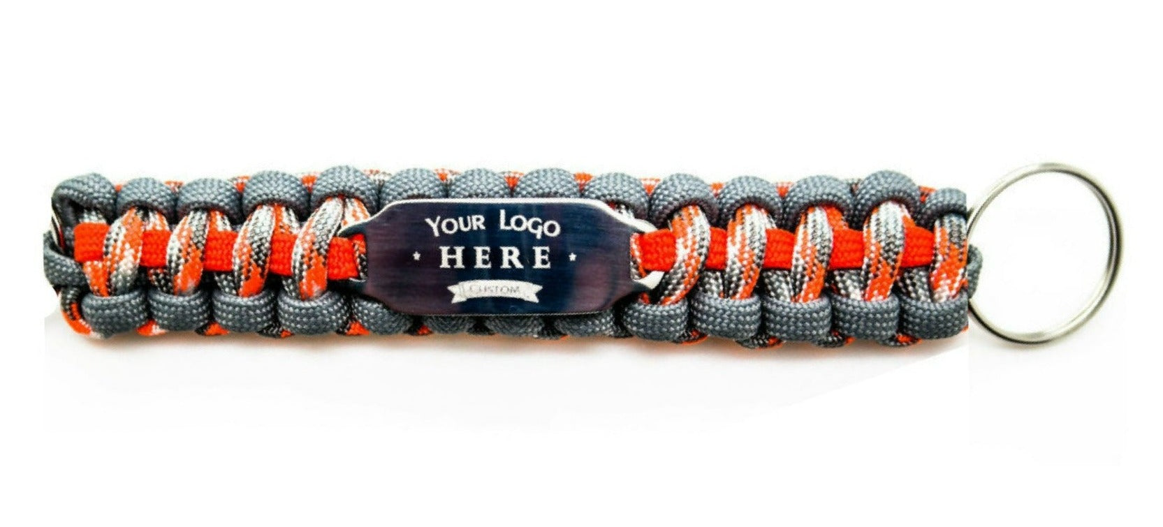 Orange and grey paracord ID bracelet with a silver, stainless steel ID tag engraved with your logo here; implying it is a custom item, displayed on a white background.
