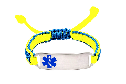 Adjustable micro paracord medical ID bracelet on a white background. Features neon yellow and blue cords with a polished silver tag engraved with a blue medical alert symbol, showcasing a bold and functional design for safety and comfort.