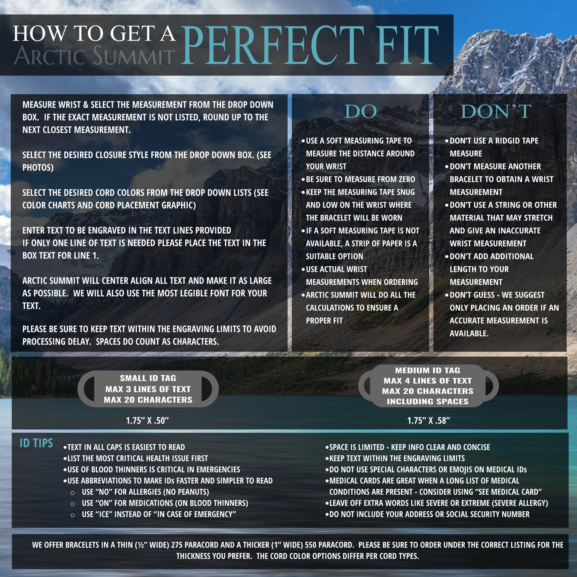 Arctic Summit's 'How to Get a Perfect Fit' guide for bracelets, with steps to measure your wrist, personalization tips, and proof image info. Includes 'Do' and 'Don't' lists for accurate measurements, tips, and descriptions of different ID tag sizes.
