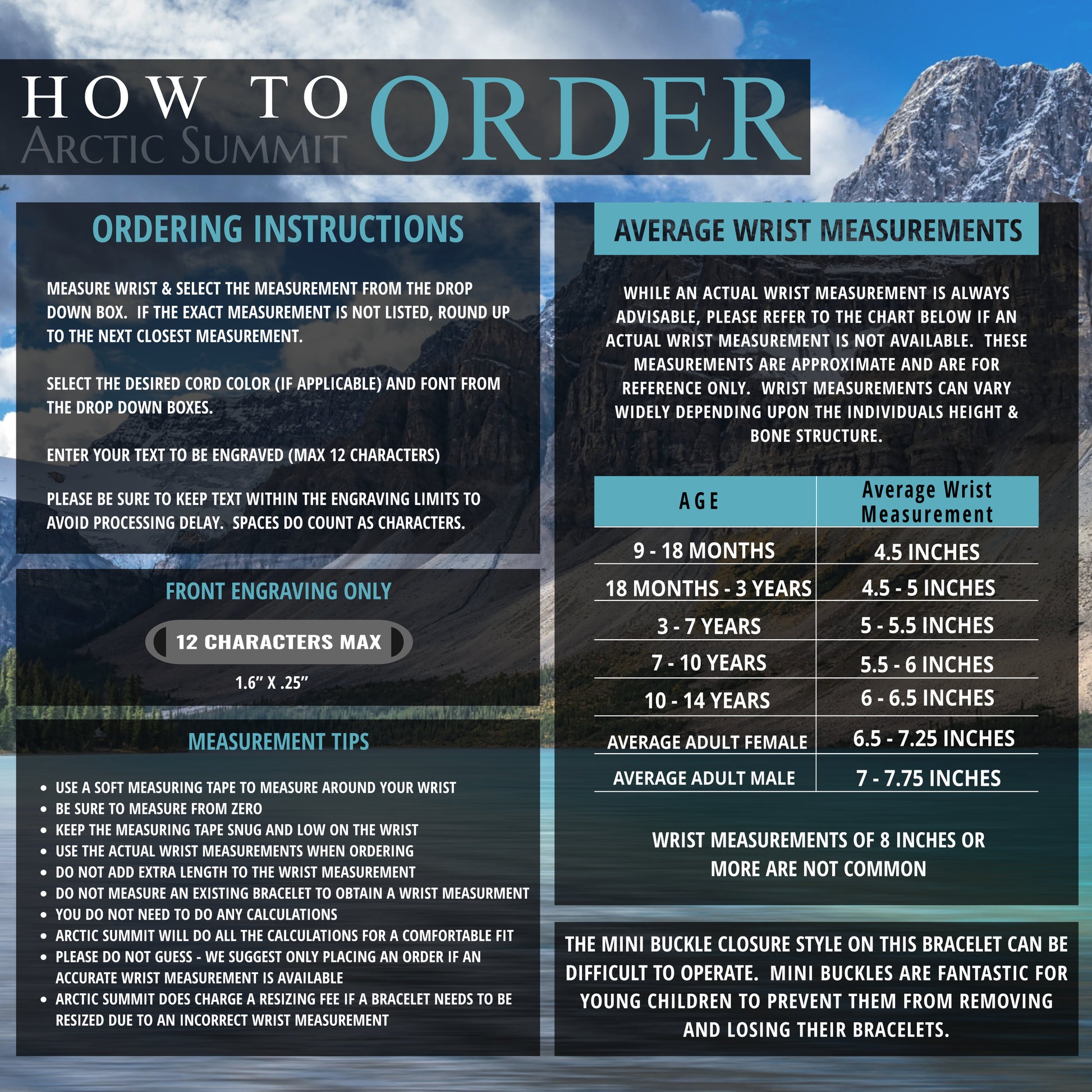 How to Order guide for Arctic Summit micro cord bracelets with steps to measure your wrist, and personalization tips.