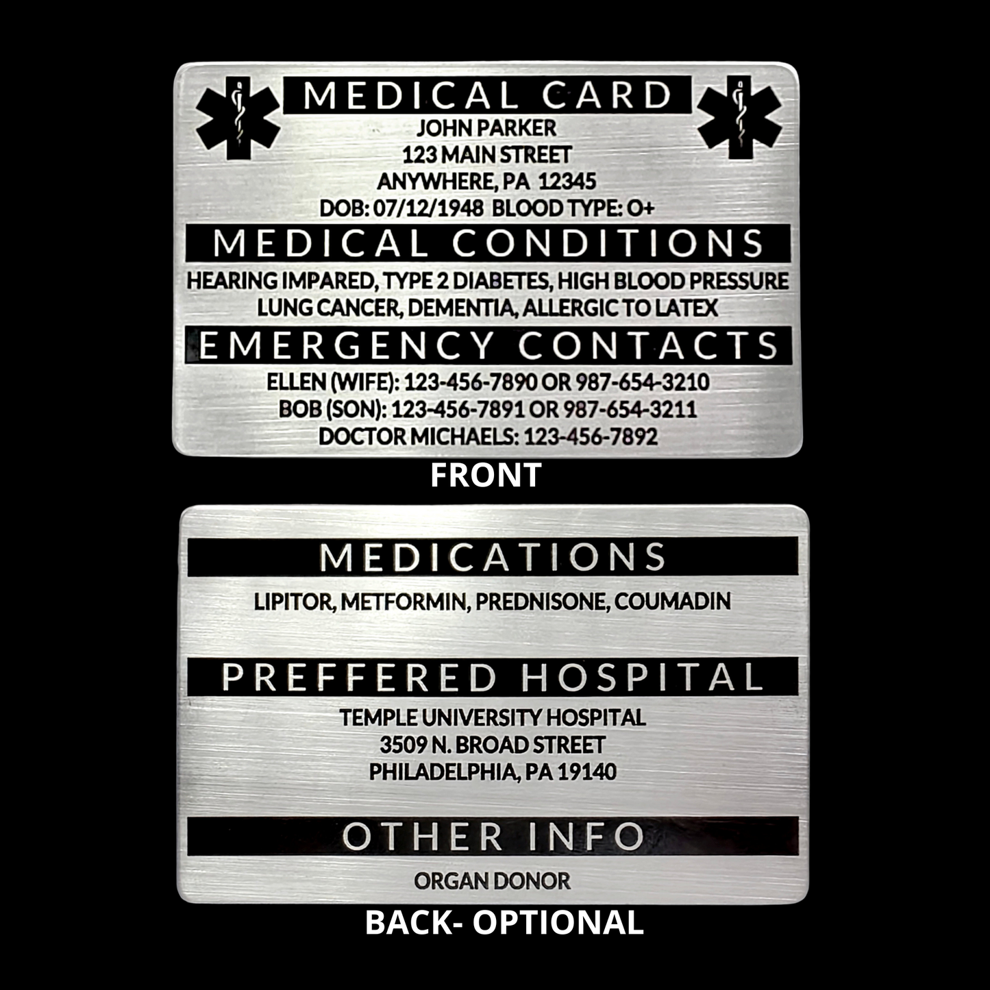 Engraved Stainless Steel Wallet Medical Card