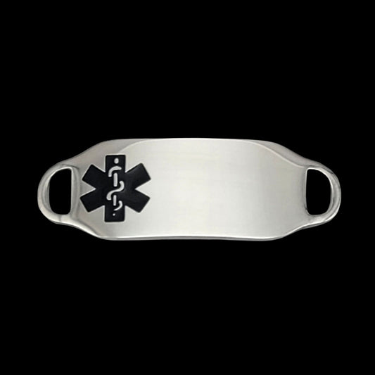 A sleek stainless steel medical ID tag featuring a prominent black medical symbol, designed for emergency identification.