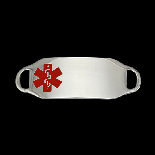 A sleek stainless steel medical ID tag featuring a prominent red medical symbol, designed for emergency identification.
