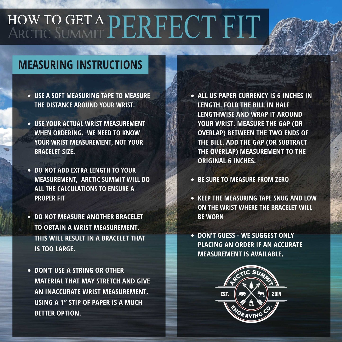 How to Get a Perfect Fit guide for Arctic Summit paracord bracelets, with tips on how to accurately measure your wrist for a perfect fitting bracelet.