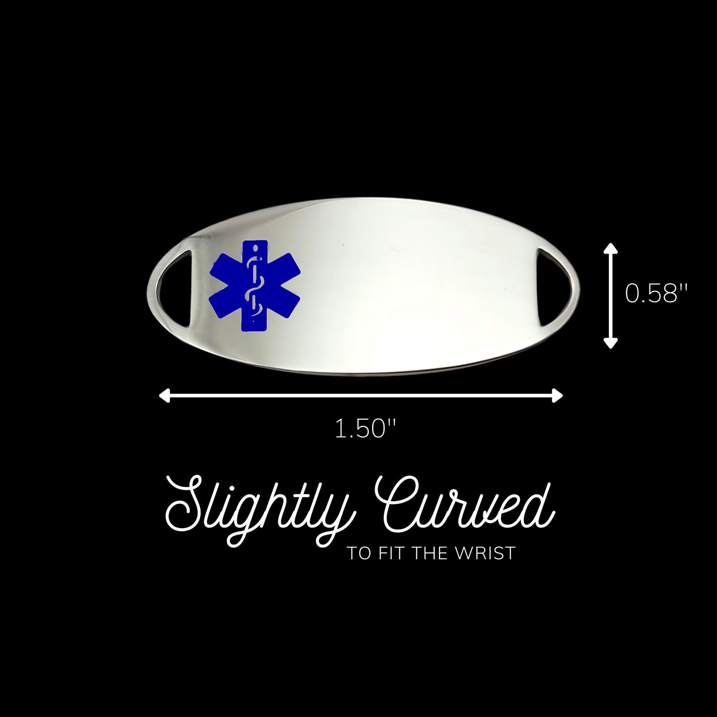A polished silver colored ID tag, featuring a blue medical symbol, 1.50 inches; wide and 0.58 inch; tall. Tag is slightly curved for comfort.