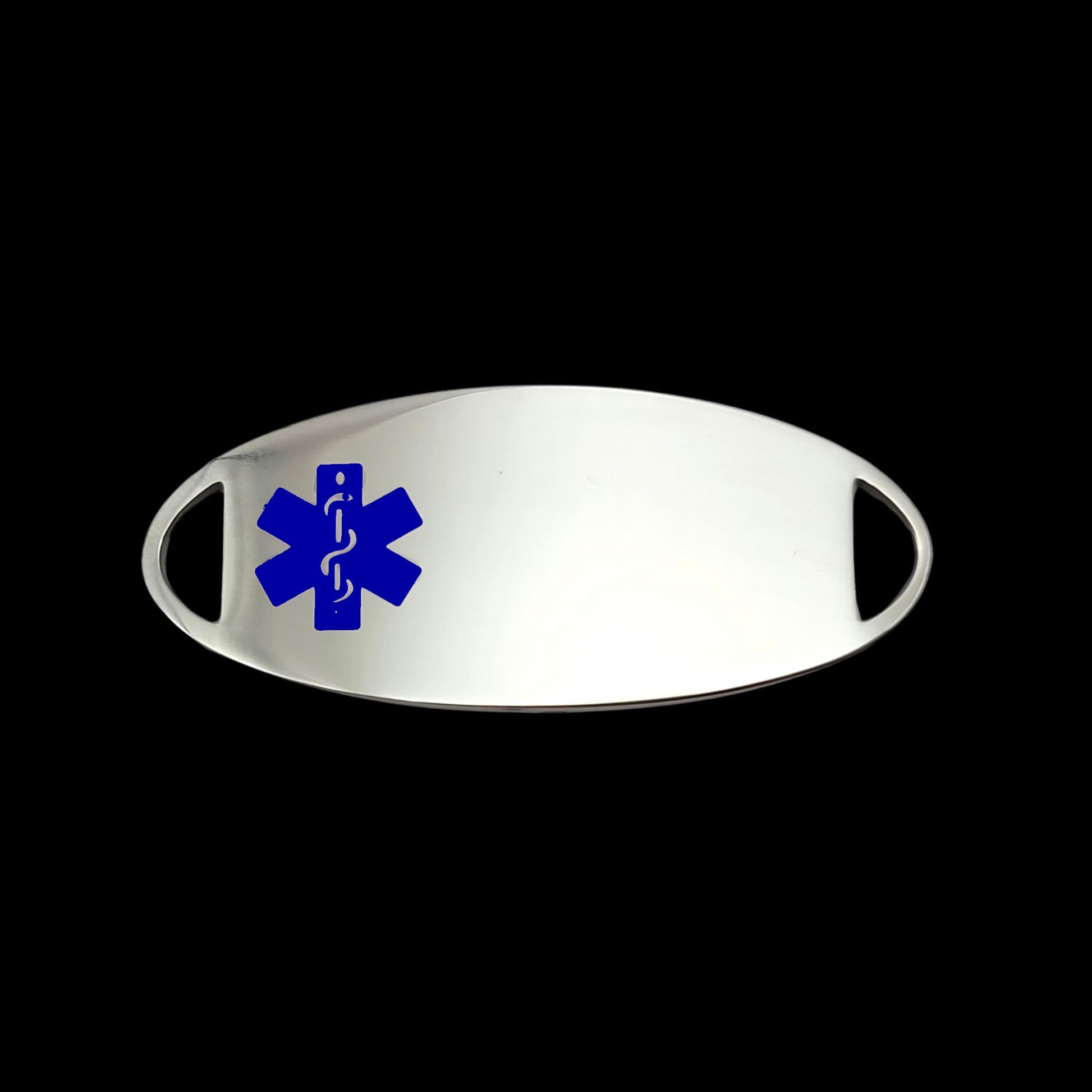 A sleek stainless steel medical ID tag featuring a prominent blue medical symbol, designed for emergency identification.
