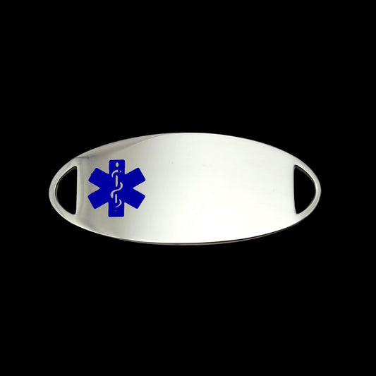 A sleek stainless steel medical ID tag featuring a prominent blue medical symbol, designed for emergency identification.