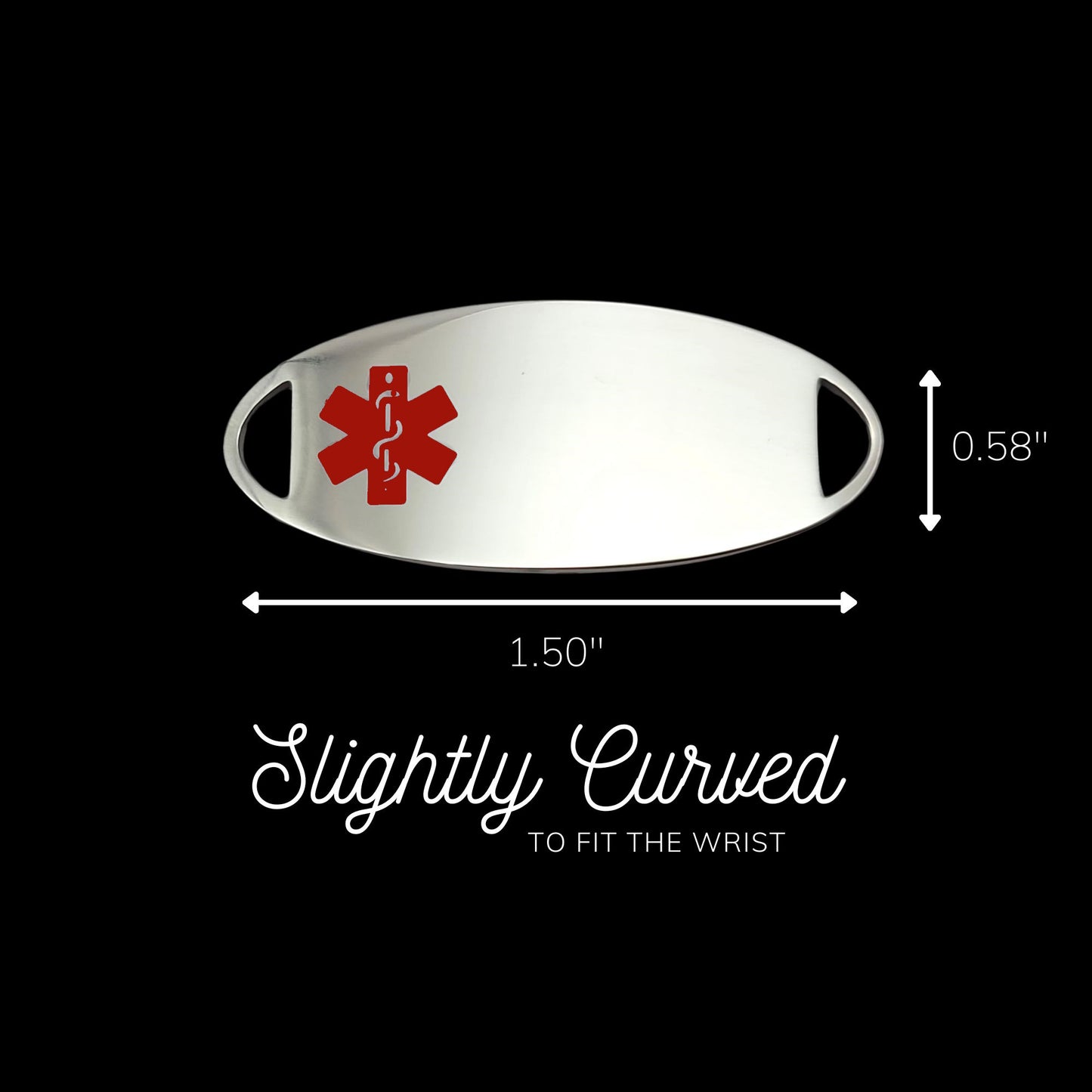 A polished silver colored ID tag, featuring a red medical symbol, 1.50 inches; wide and 0.58 inch; tall. Tag is slightly curved for comfort.
