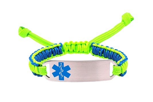Adjustable micro paracord medical ID bracelet on a white background. Features neon green and blue cords with a polished silver tag engraved with a blue medical alert symbol, showcasing its durable design and customizable fit.
