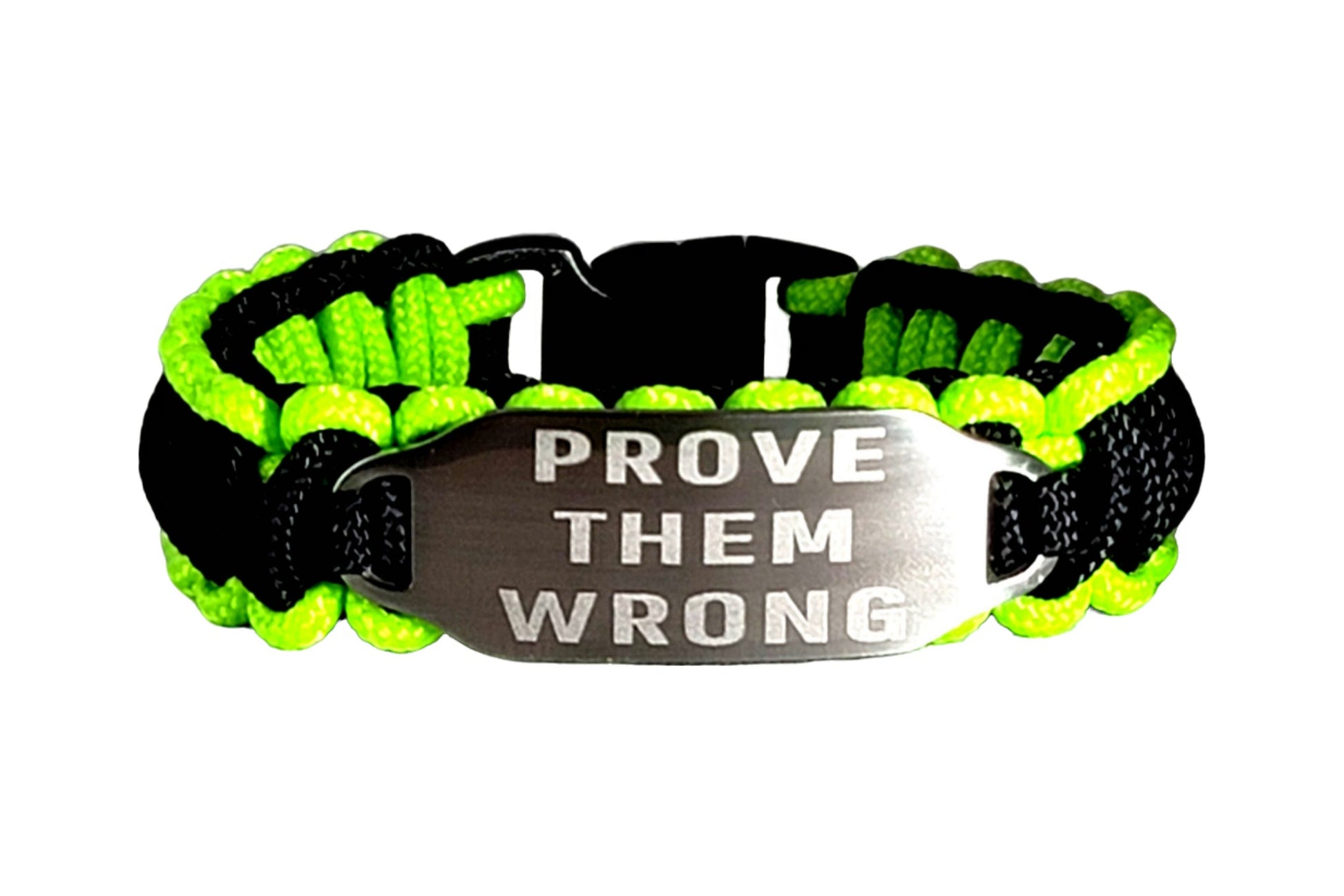 A neon green and black paracord bracelet featuring an engraved tag that reads "Prove Them Wrong," photographed against a plain white background.
