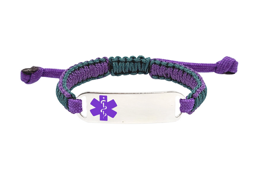 Adjustable micro paracord medical ID bracelet on a white background. Features teal and purple cords with a polished silver tag engraved with a purple medical alert symbol, showcasing its durable design and customizable fit.