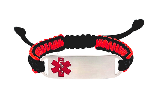 Adjustable micro paracord medical ID bracelet on a white background. Features a black and red cord with a polished silver tag engraved with a red medical alert symbol, showcasing its durable design and customizable fit.