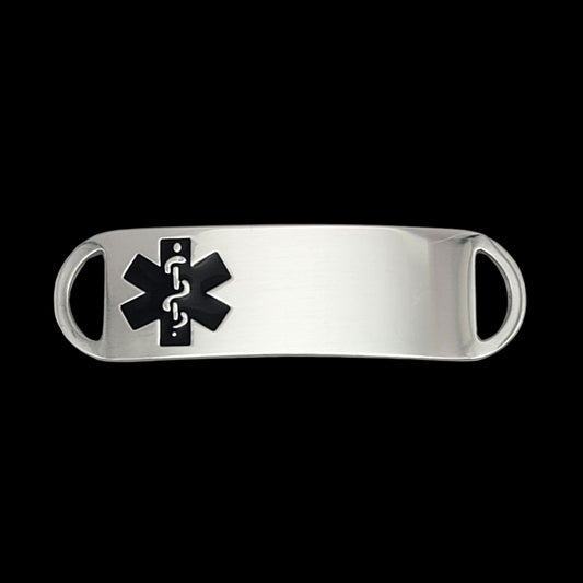 A sleek stainless steel medical ID tag featuring a prominent black medical symbol, designed for emergency identification.