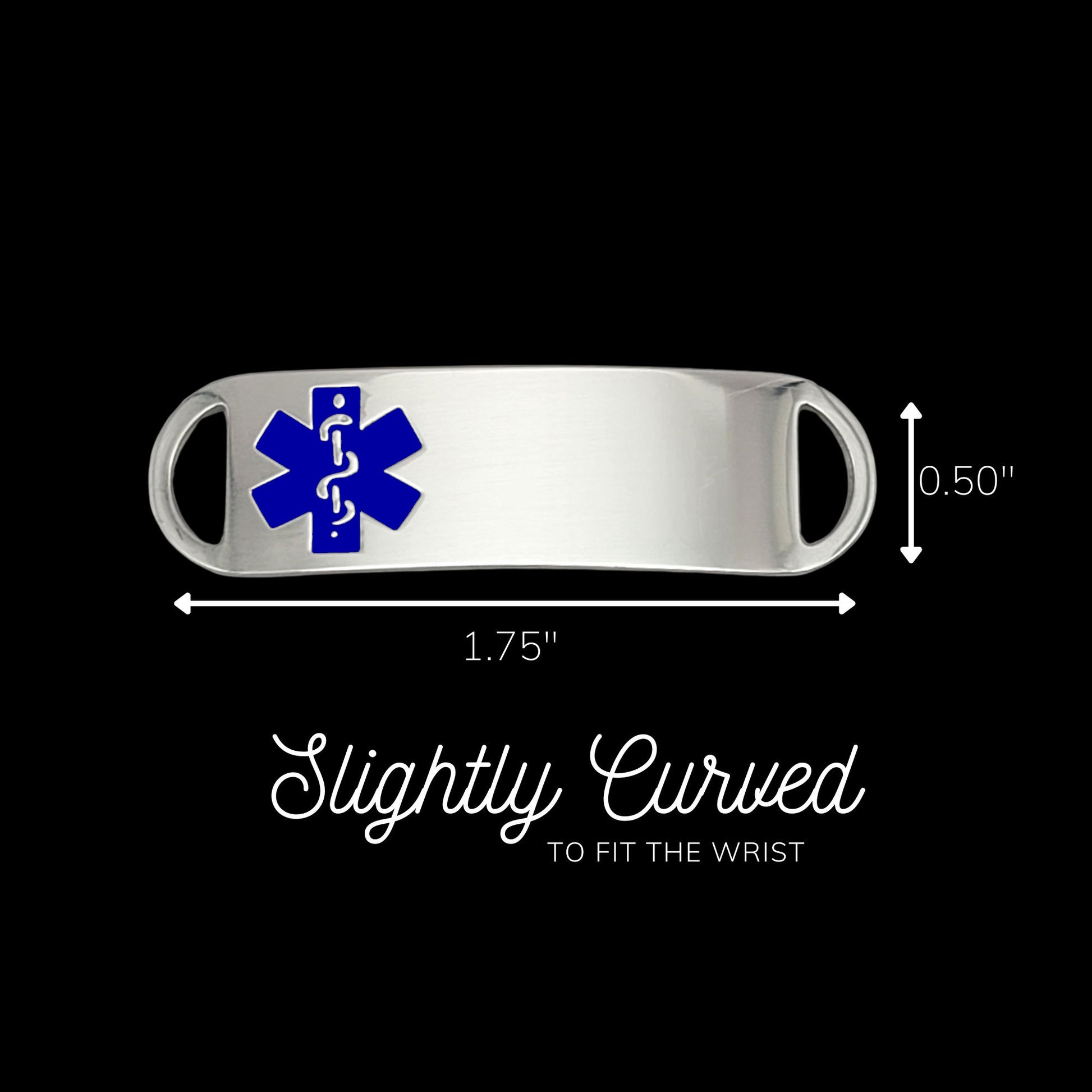 A polished silver colored ID tag, featuring a blue medical symbol, 1.75 inches wide and 0.50 inch tall. Tag is slightly curved for comfort.