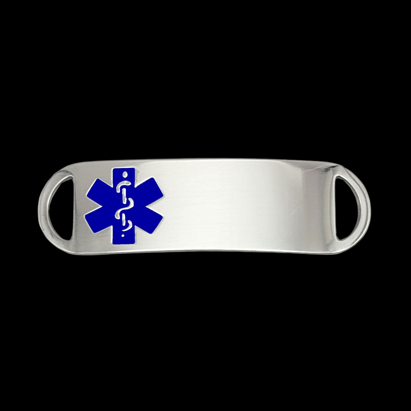 A sleek stainless steel medical ID tag featuring a prominent blue medical symbol, designed for emergency identification.