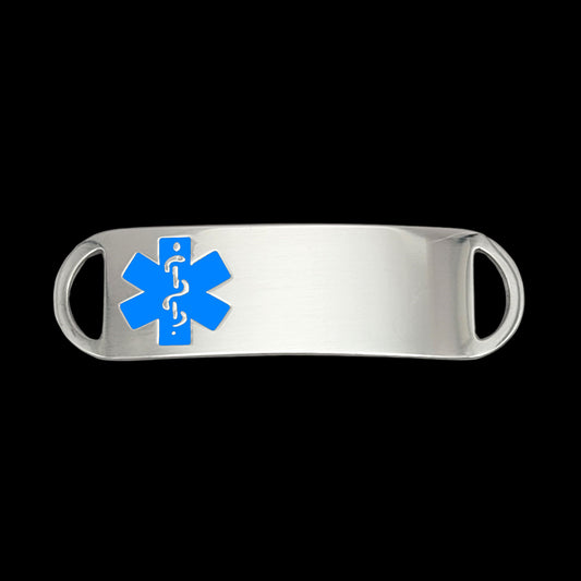 A sleek stainless steel medical ID tag featuring a prominent ocean blue medical symbol, designed for emergency identification.