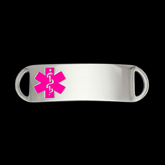 A sleek stainless steel medical ID tag featuring a prominent pink medical symbol, designed for emergency identification.