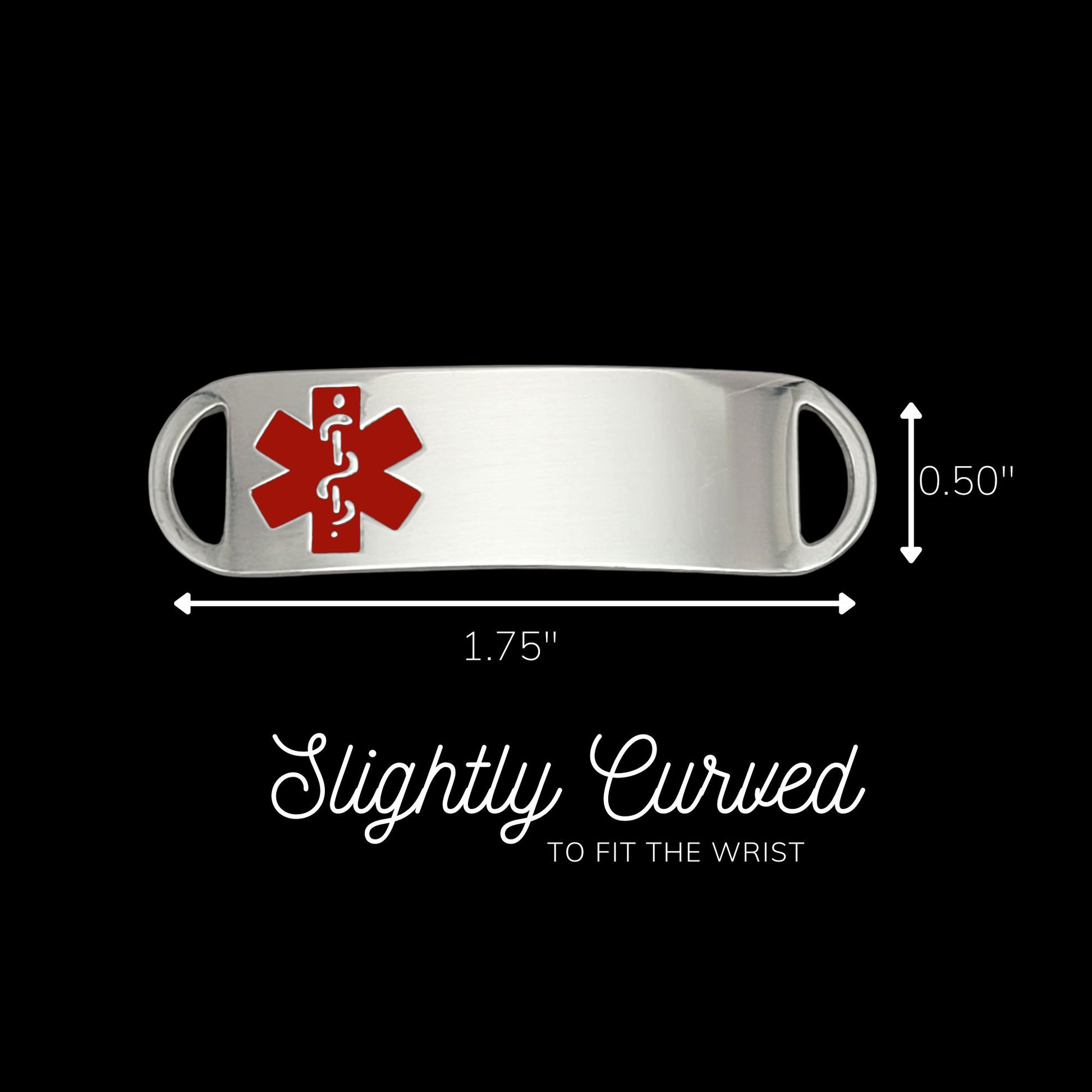 A polished silver ID tag, featuring a black medical symbol, 1.75 inches; wide and 0.50 inch; tall. Tag is slightly curved for comfort.