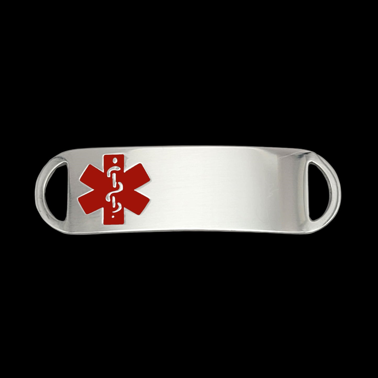 A sleek metal medical ID tag featuring a prominent red medical symbol, designed for emergency identification.