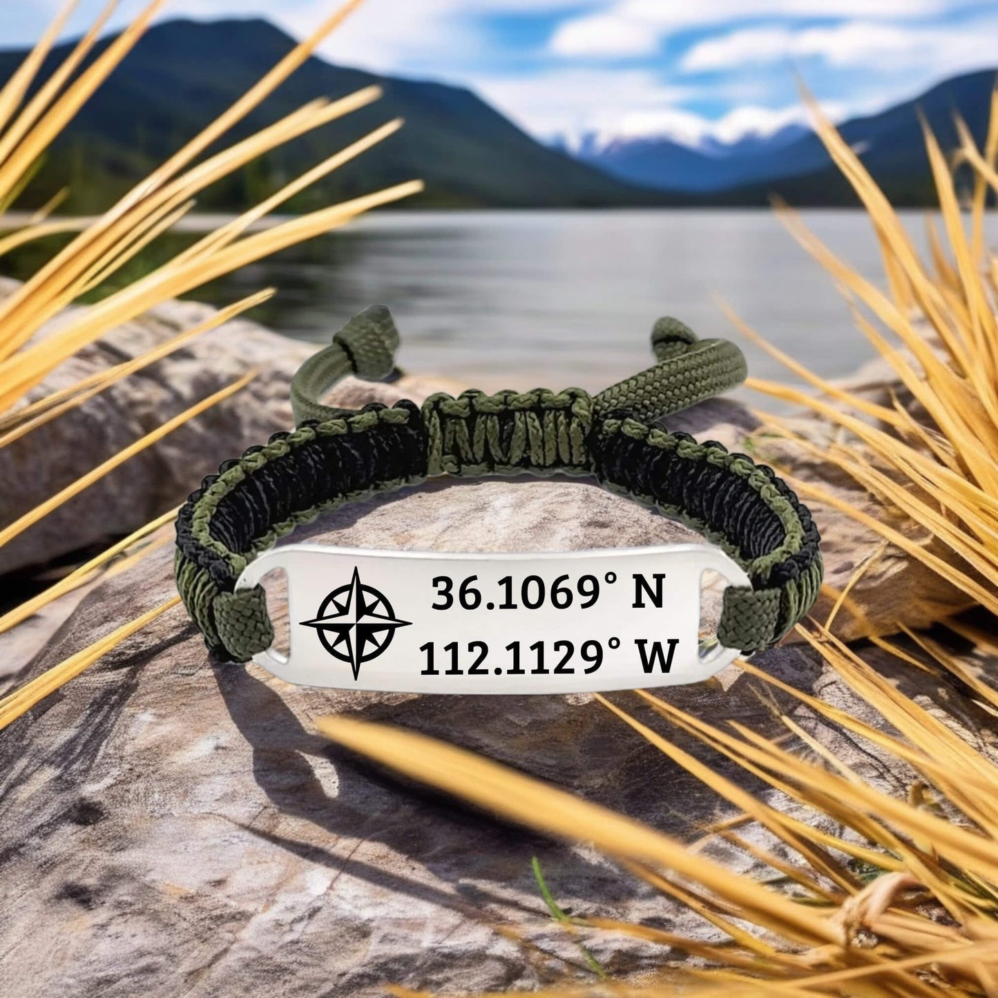Micro Paracord Bracelet with Engraved Stainless Steel ID Tag - Coordinates