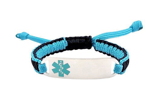 Adjustable micro paracord medical ID bracelet on a white background. Features a teal and navy cord with a polished silver tag engraved with a teal medical alert symbol, showcasing its durable design and customizable fit.