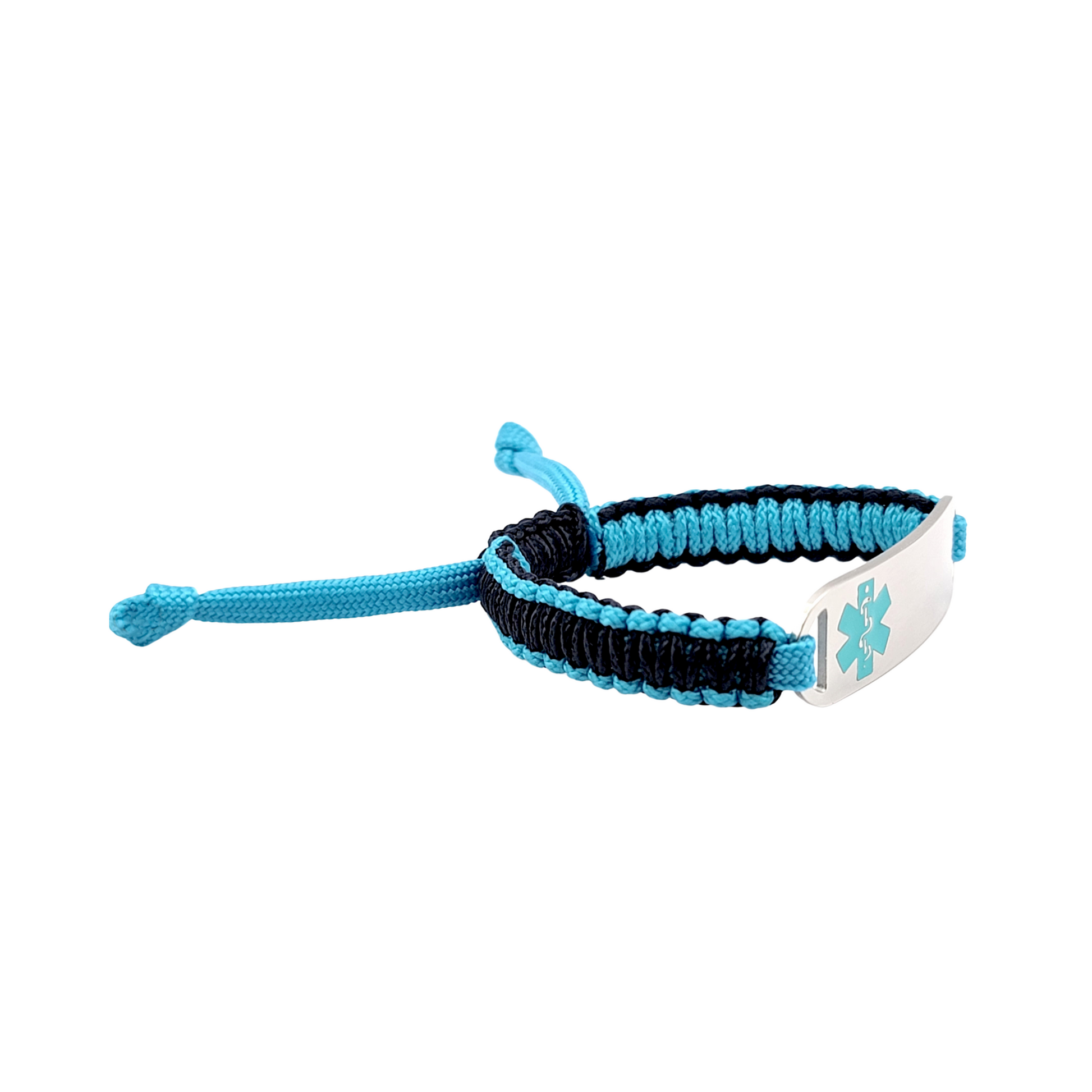 Sideview of adjustable micro paracord medical ID bracelet on a white background. Features a teal and navy cord with a polished silver tag engraved with a teal medical alert symbol, showcasing its durable design and customizable fit.
