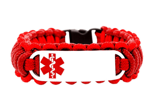 Red, thin, 275 paracord medical alert bracelet with a silver colored, stainless steel ID tag with an enameled red medical symbol, displayed on a white background.