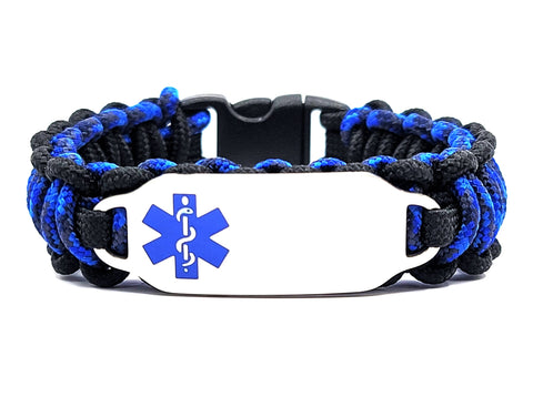 275 Paracord Bracelet with Engraved Stainless Steel Medical Alert ID Tag - Blue Medium Rectangle
