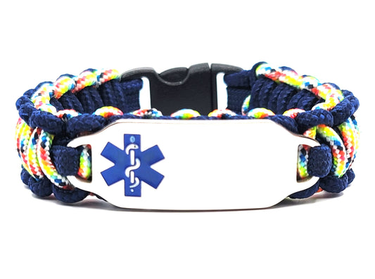 Colorful, thin, 275 paracord medical alert bracelet with a silver colored, stainless steel ID tag with an enameled blue medical symbol, displayed on a white background.