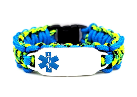 275 Paracord Bracelet with Engraved Stainless Steel Medical Alert ID Tag - Ocean Blue Medium Rectangle