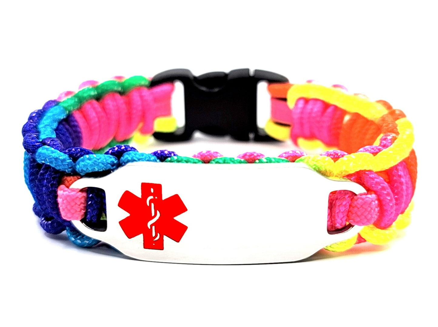 Rainbow colored, thin, 275 paracord medical alert bracelet with a silver colored, stainless steel ID tag with an enameled red medical symbol, displayed on a white background.