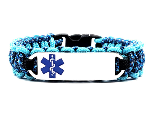 Navy blue and light blue, thin, 275 paracord medical alert bracelet with a silver colored, stainless steel ID tag with an enameled blue medical symbol, displayed on a white background.