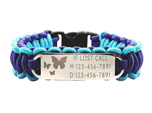 Purple and turquoise thin 275 paracord ID bracelet with a silver, stainless steel ID tag engraved with emergency information if a child is lost and butterflies, displayed on white background.