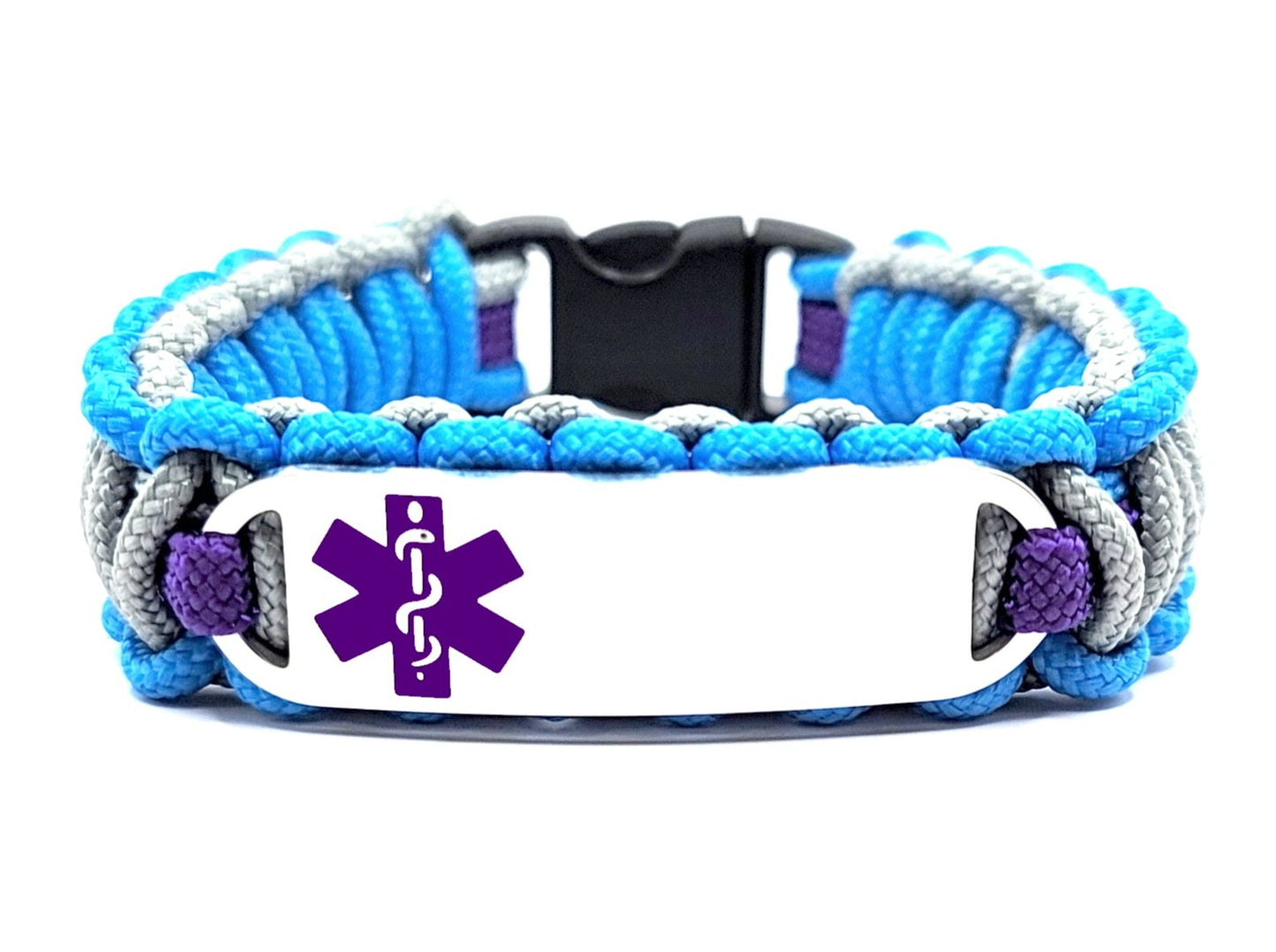 Blue, grey & purple, thin, 275 paracord medical alert bracelet with a silver colored, stainless steel ID tag with an enameled purple medical symbol, displayed on white background.