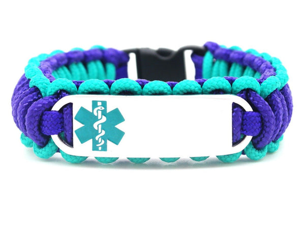 275 Paracord Bracelet with Engraved Stainless Steel Medical Alert ID Tag - Teal Small Rectangle