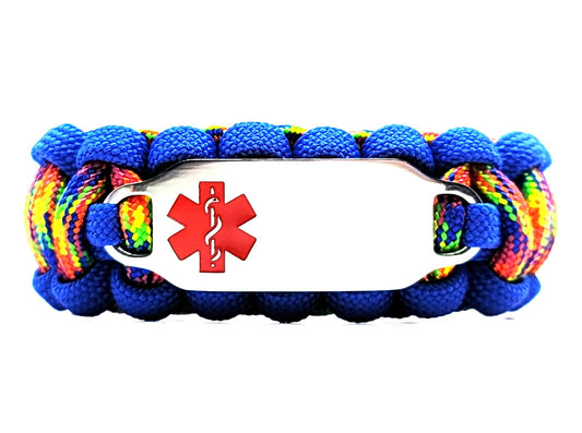 colorful paracord medical alert bracelet with a silver colored, stainless steel ID tag with an enameled red medical symbol, displayed on a white background.